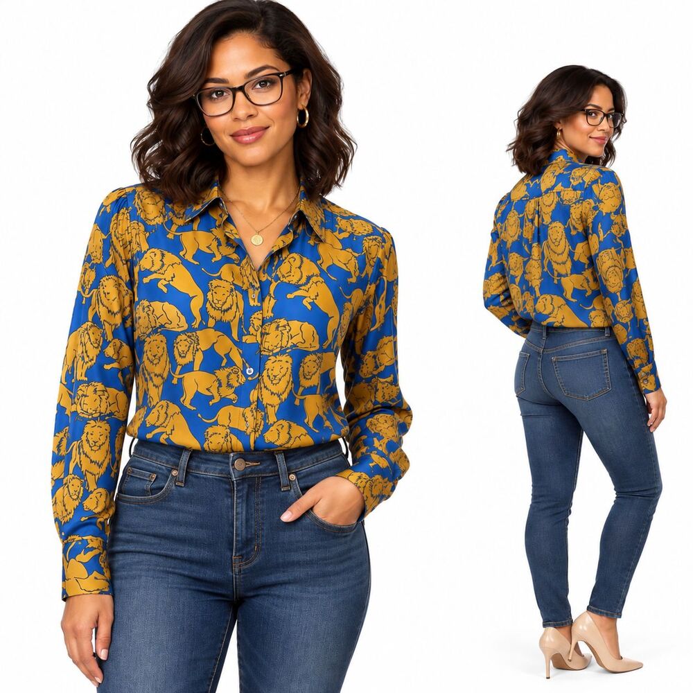 J. Crew Collection Gold Blue Silk Twill Button-up Shirt In Sleepy Lions Size 6